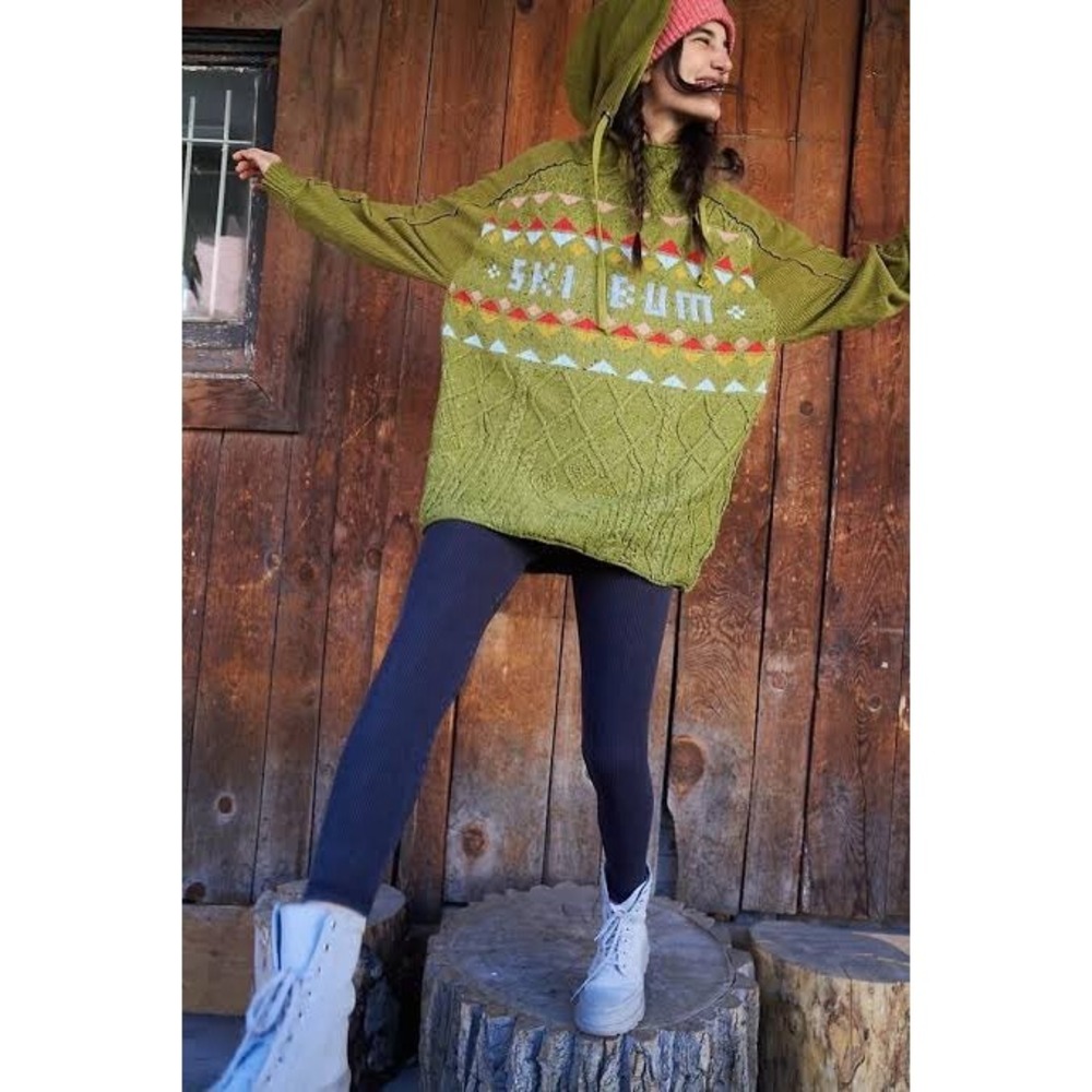FP Movement Free People Ski Bum Cable Knit Hoodie Sweater Olive Green Medium
